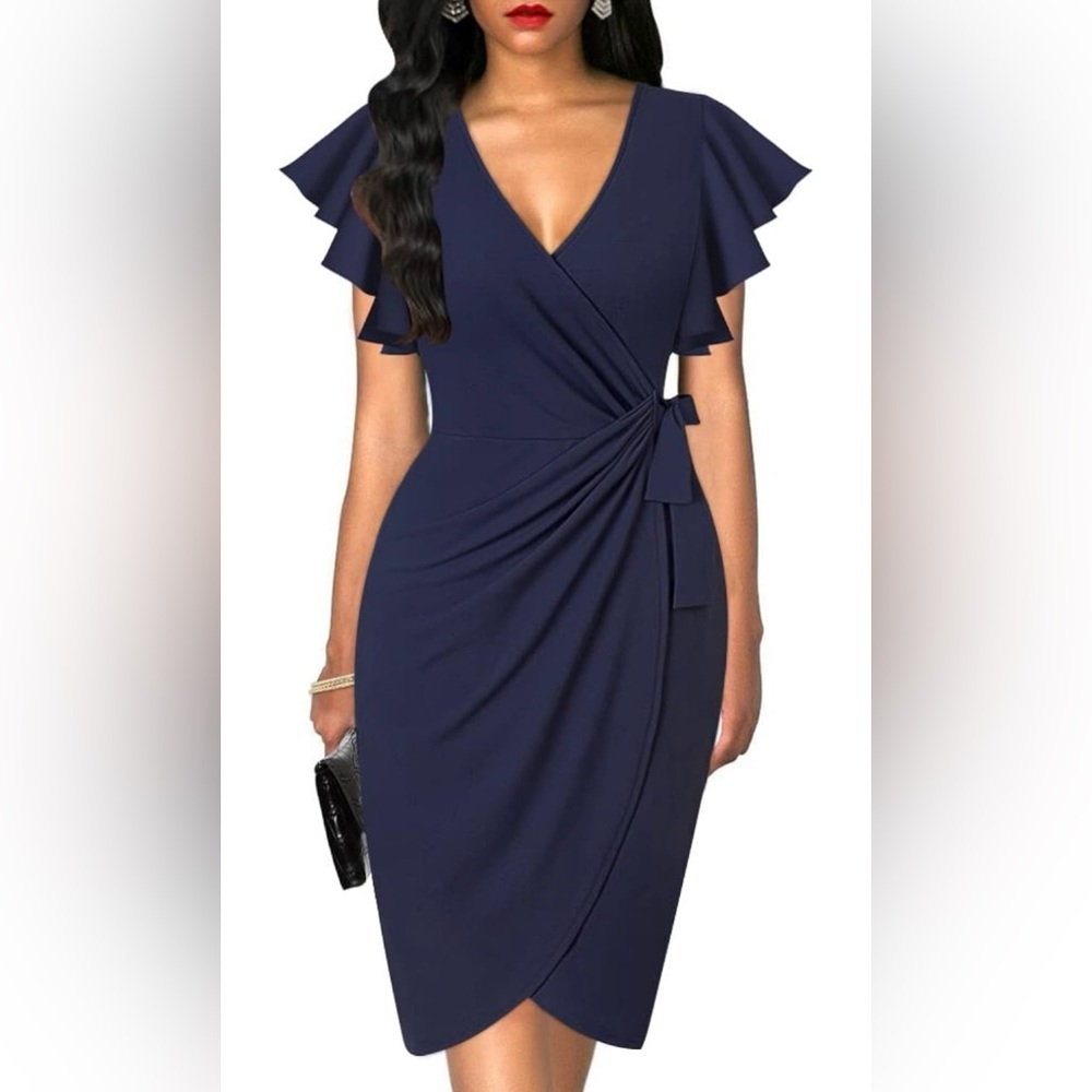OTEN Deep V Neck Ruffle Sleeve Sheath Wrap Dress Side Zipper Purple Size XL